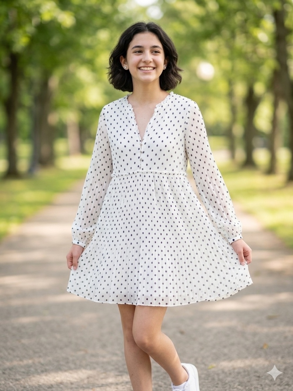 ZARA Pleated Polka Dot Mini Dress White Black XS Long Sleeve Ruffle V-Neck
